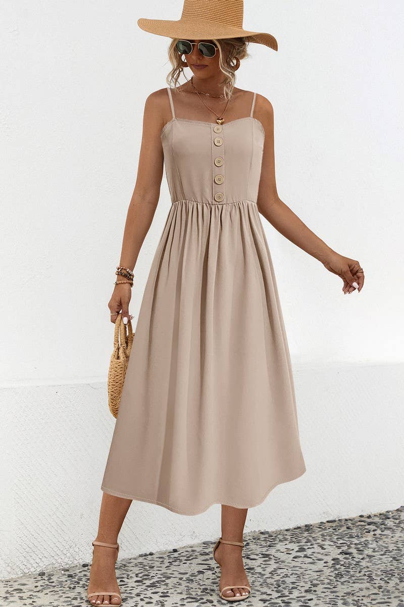 CWDSD4943_SOLID COLOR SUSPENDER BUTTON MIDI DRESS