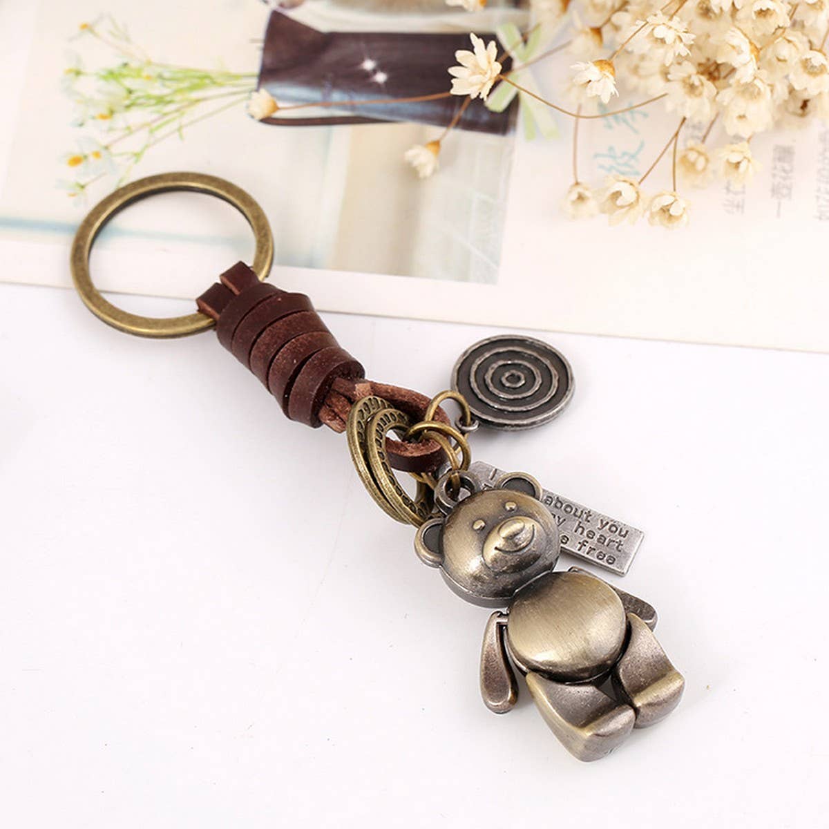 MOVABLE CARTOON BEAR LEATHER KEYCHAIN