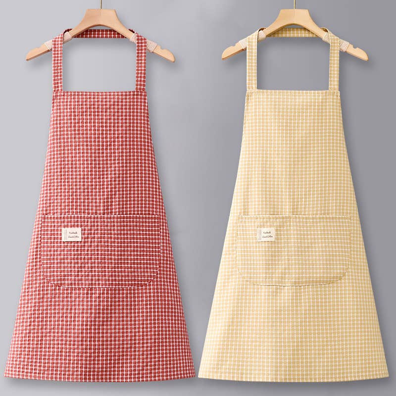 Cotton Striped Grid Kitchen Apron with Pocket