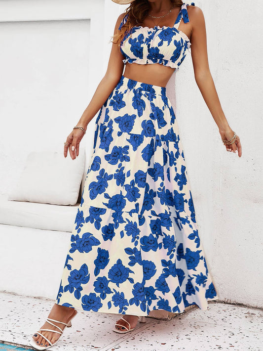 Printed sexy crop cord halter dress set