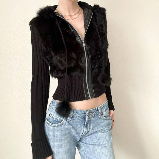 VINTAGE CRATERED PATCHWORK FURRY HOODIE JACKET