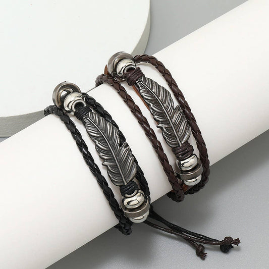 SIMPLE ALLOY FEATHER BEADED LEATHER BRACELET