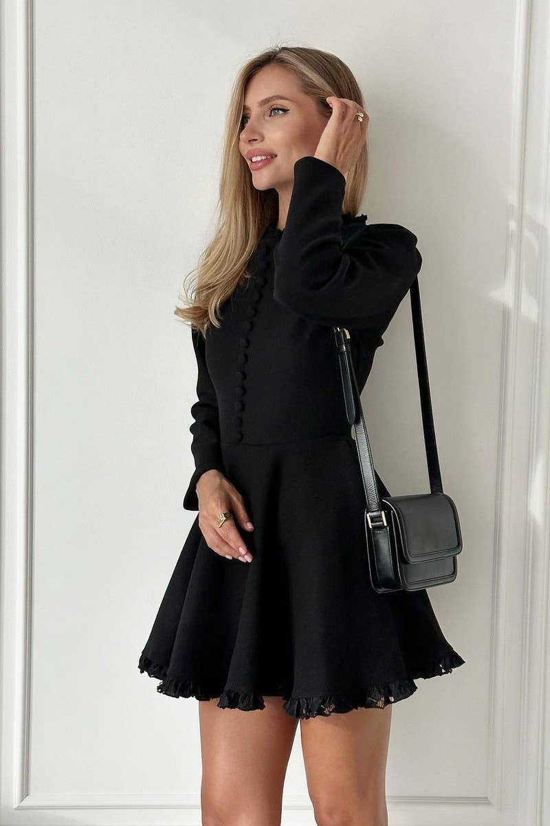 CWDSD6737_BLACK LACE TRIM LONG SLEEVE A-LINE DRESS