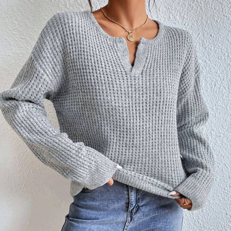 V-NECK SOLID COLOR PULLOVER SWEATER FOR WOMEN