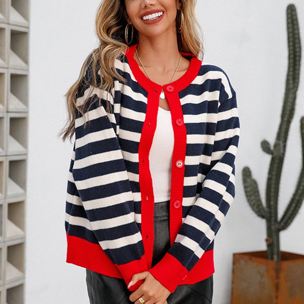 STRIPED CARDIGAN BUTTON KNIT SWEATER
