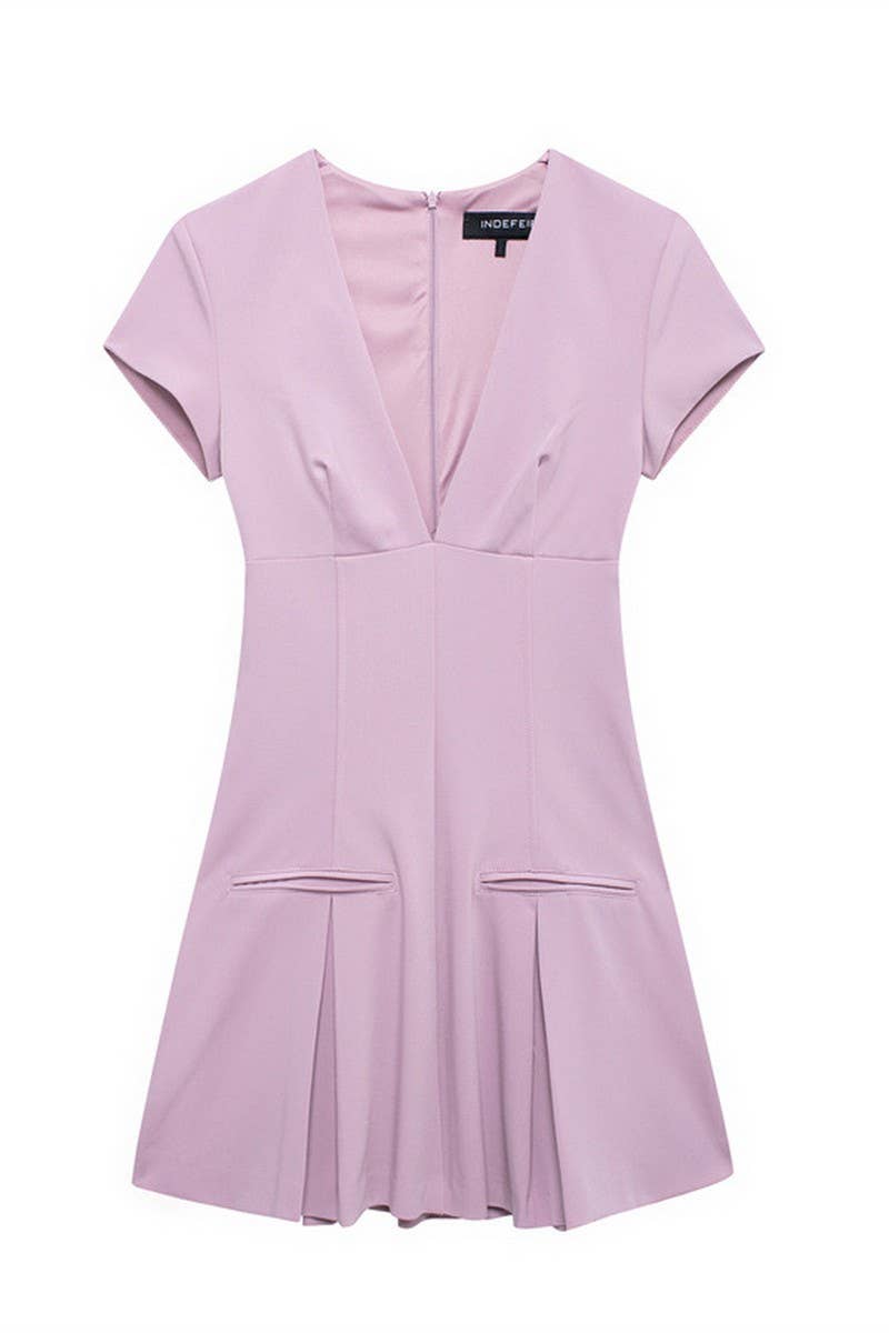 CWDSD6658_WIDE PLEATED V NECK SHORT ZIP-UP DRESS