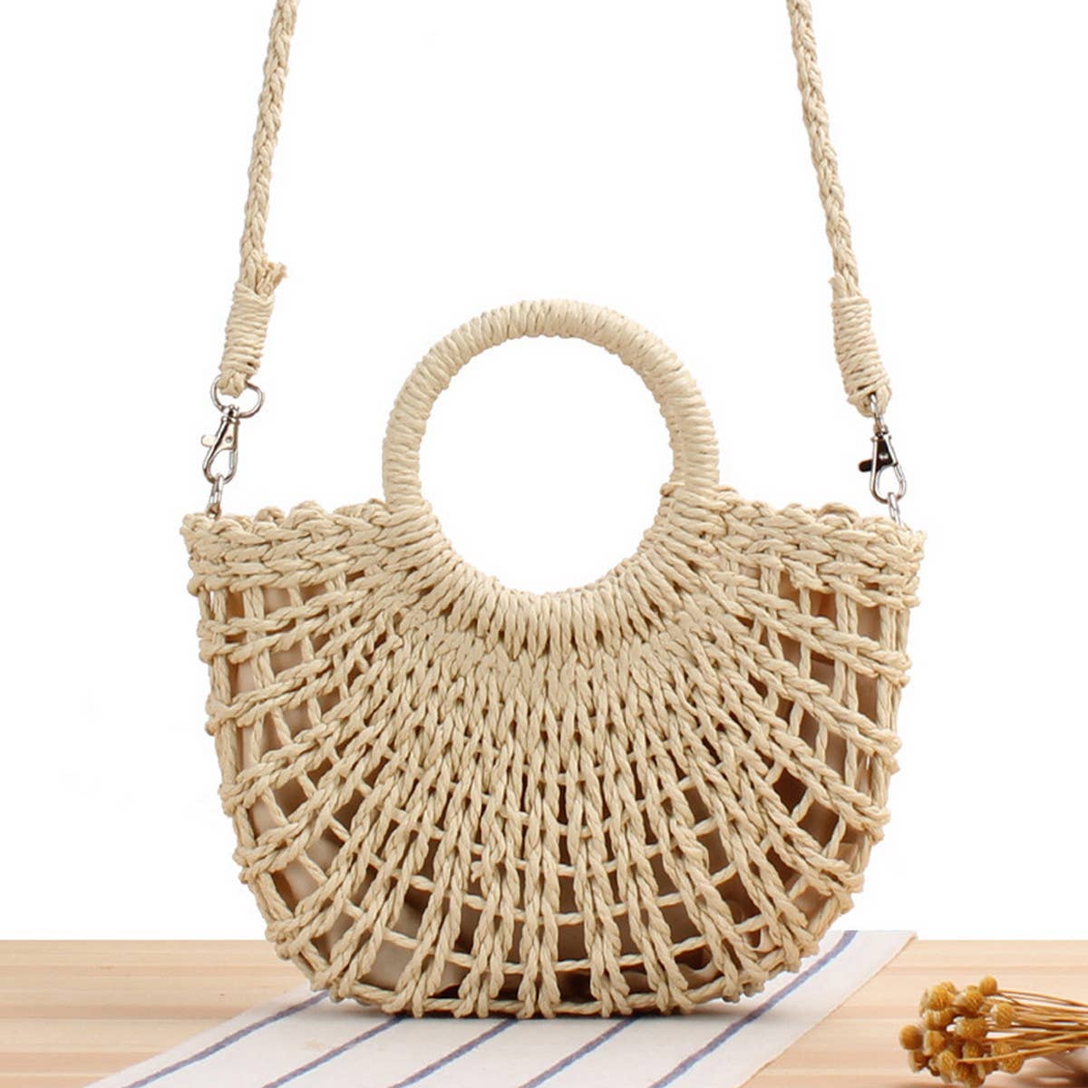 SEMI-CIRCLE HOLLOW STRAW BAG_CWAB2098