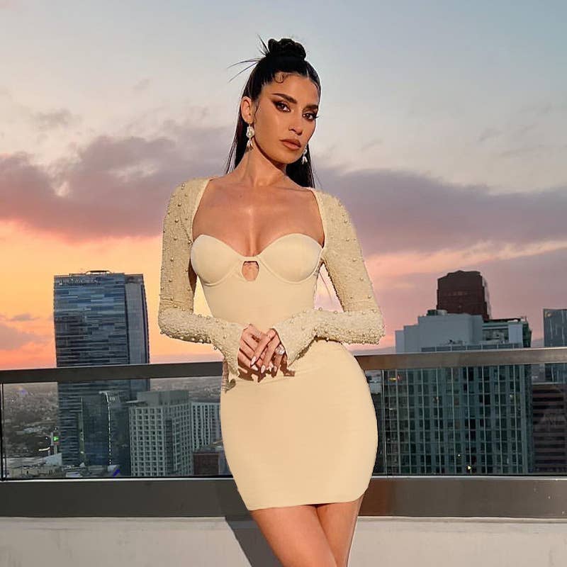Sexy Beaded Long Sleeve Bodycon Mini Dress