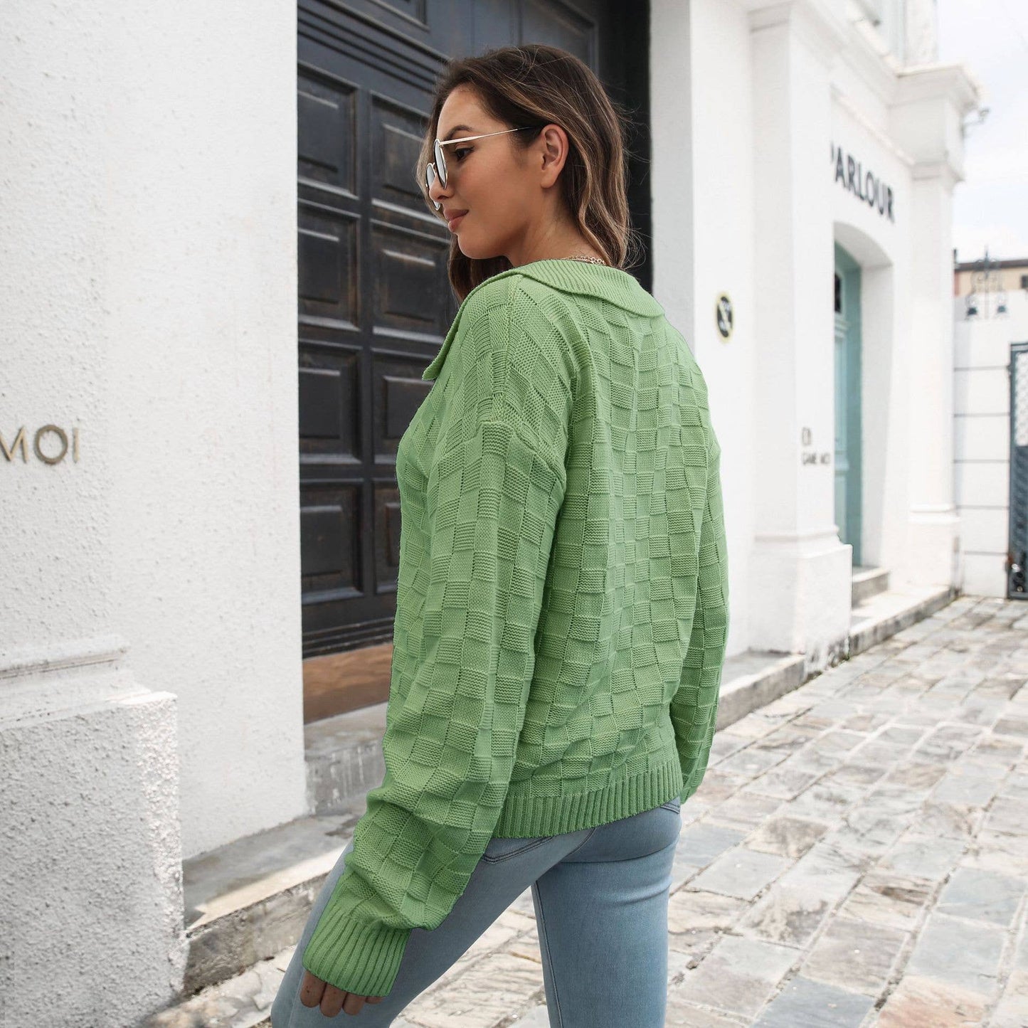 Stereoplaid lapel sweater women loose