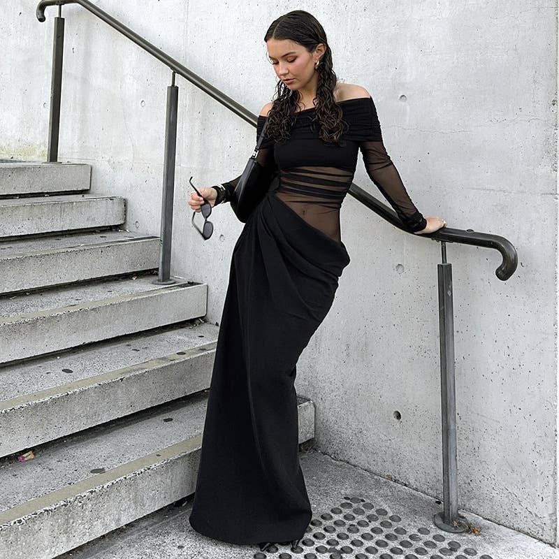 One-shoulder see-through mesh patchwork dress