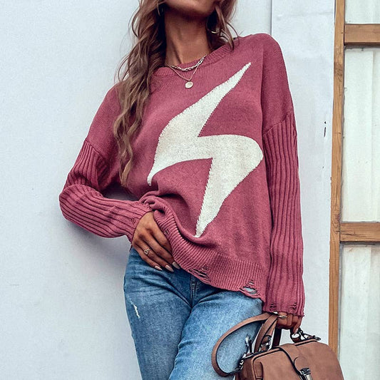 ROUND NECK RIPPED LIGHTNING JACQUARD SWEATER