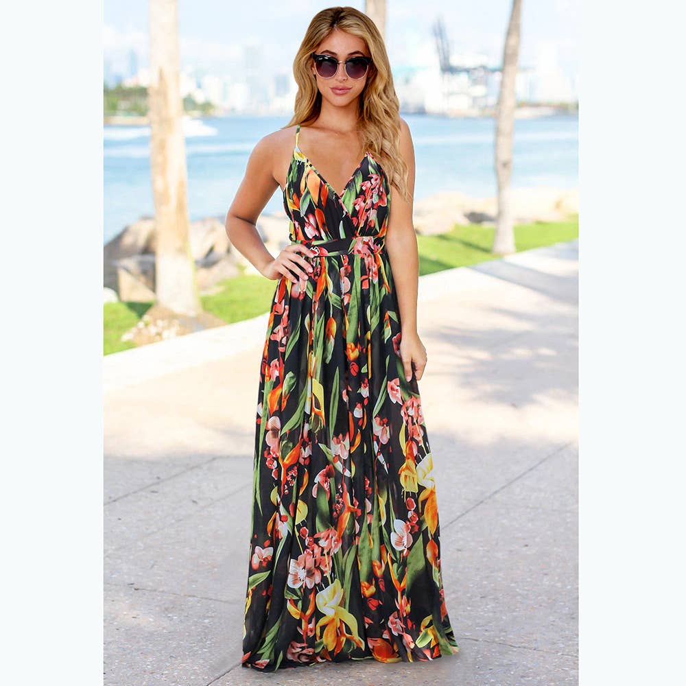Bohemian Floral Print Spaghetti Strap Long Dress_Cwdmd5296
