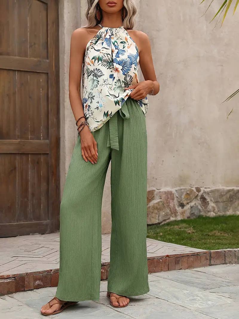 A halter ethnic-style printed top trousers set