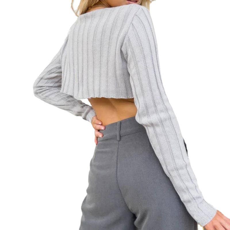Solid-color long-sleeved knitted short crop top