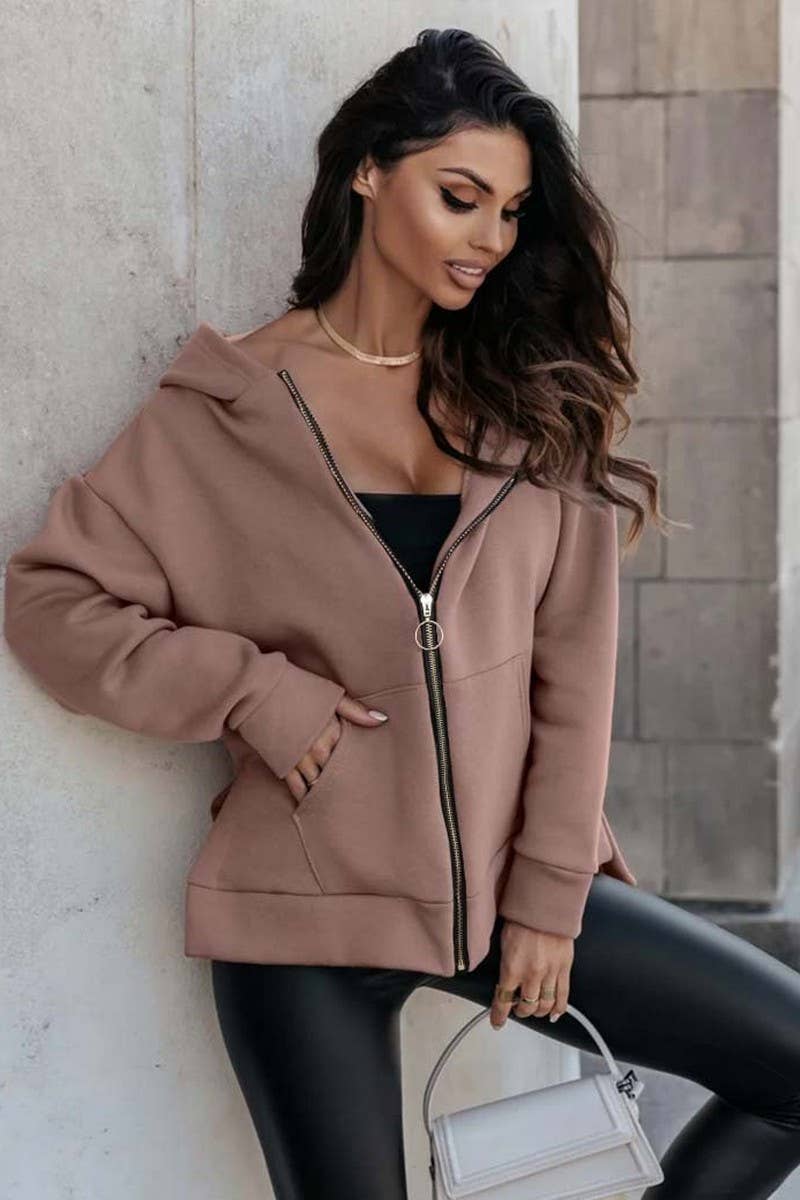 CWOCO0934_SOLID COLOR ZIPPER HOODED CARDIGAN SWEATSHIRT