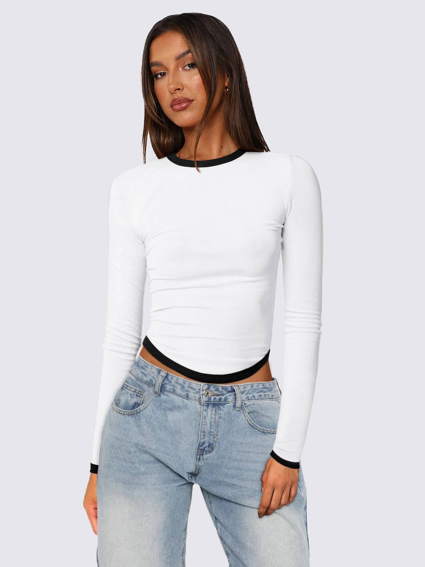 LONG SLEEVE ROUND NECK SLIM-FIT COLOR SHORT TOP