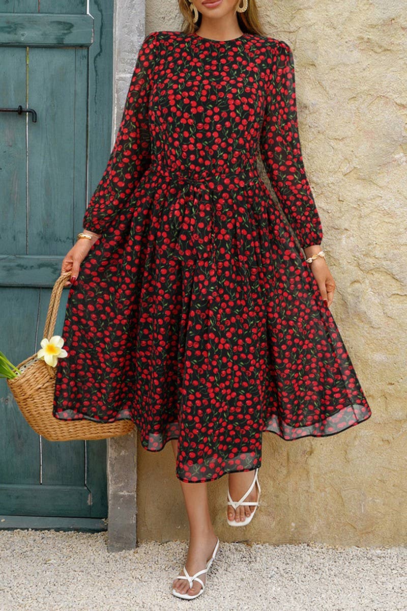 CWDMD5339_HOLIDAY CASUAL STYLE FLORAL TIE WAIST DRESS