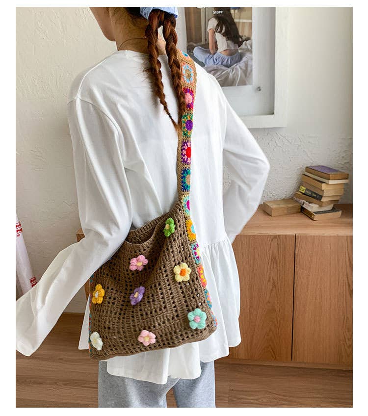 Ethnic-style artistic flower patchwork knit bag