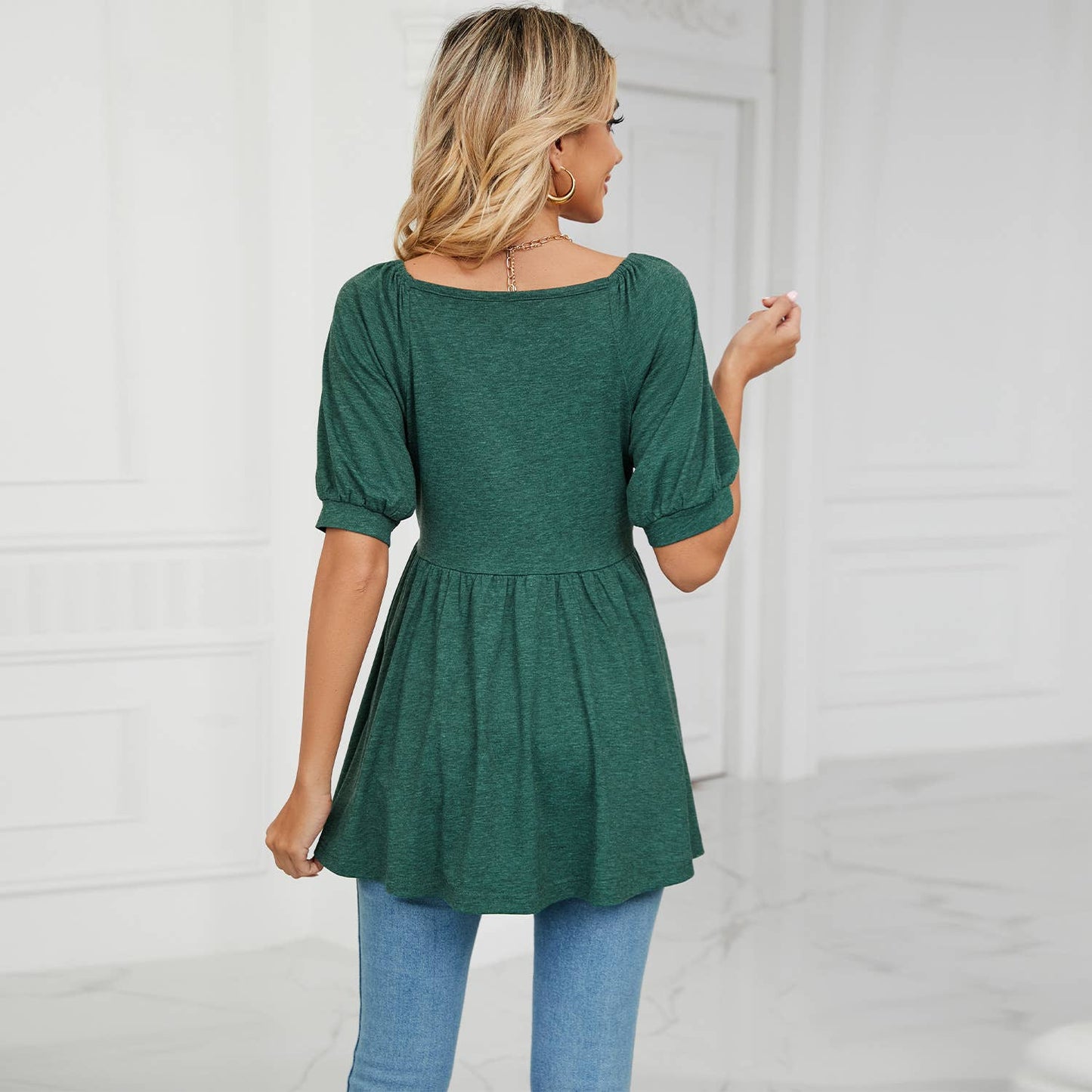 V-NECK BUBBLE SHORT SLEEVE T-SHIRT TUNIC