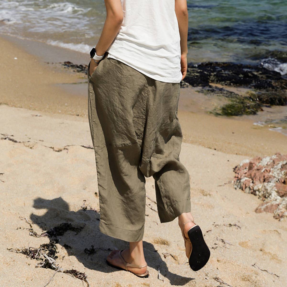 FABRIC LINEN-COTTON NINE-MINUTE WIDE-LEG PANTS