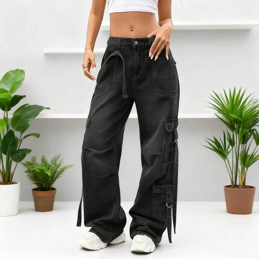 Washed multi-pocket decorated wide-leg jeans