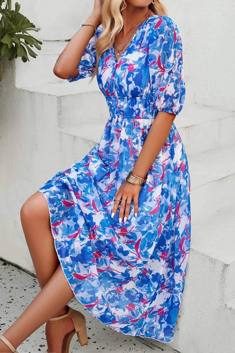 CWDMD0995_Deep V-Neck Short Sleeve Floral Print Midi Dresses