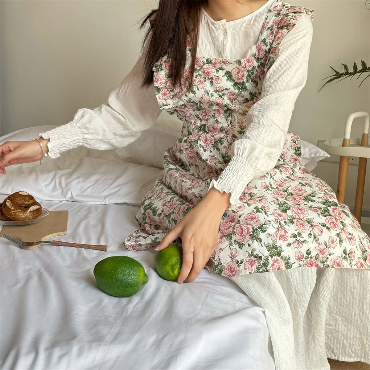 HANDMADE FLORAL ROSES AND RUFFLED APRON