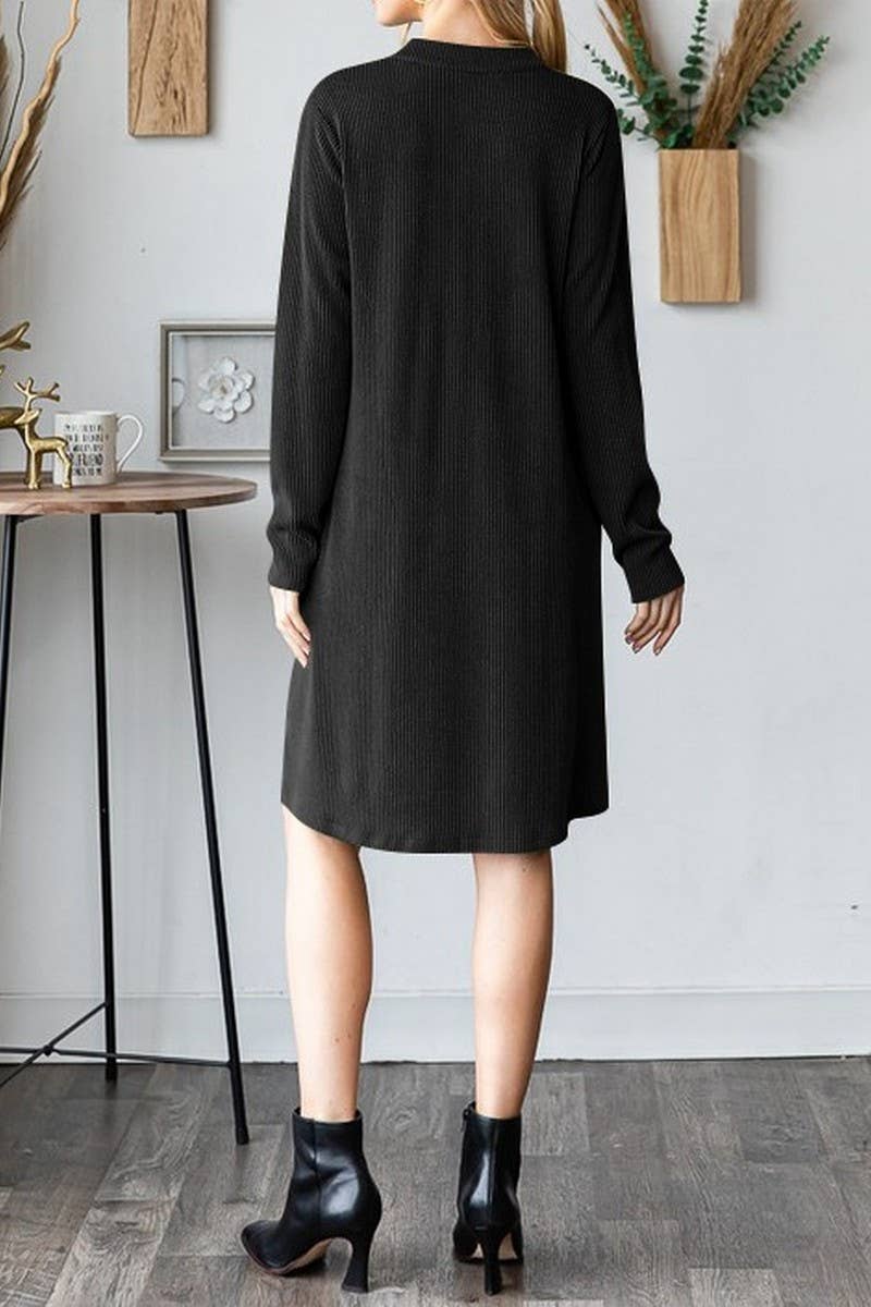 CWDSD6681_SOLID COLOR V-NECK LONG SLEEVE LOOSE DRESS