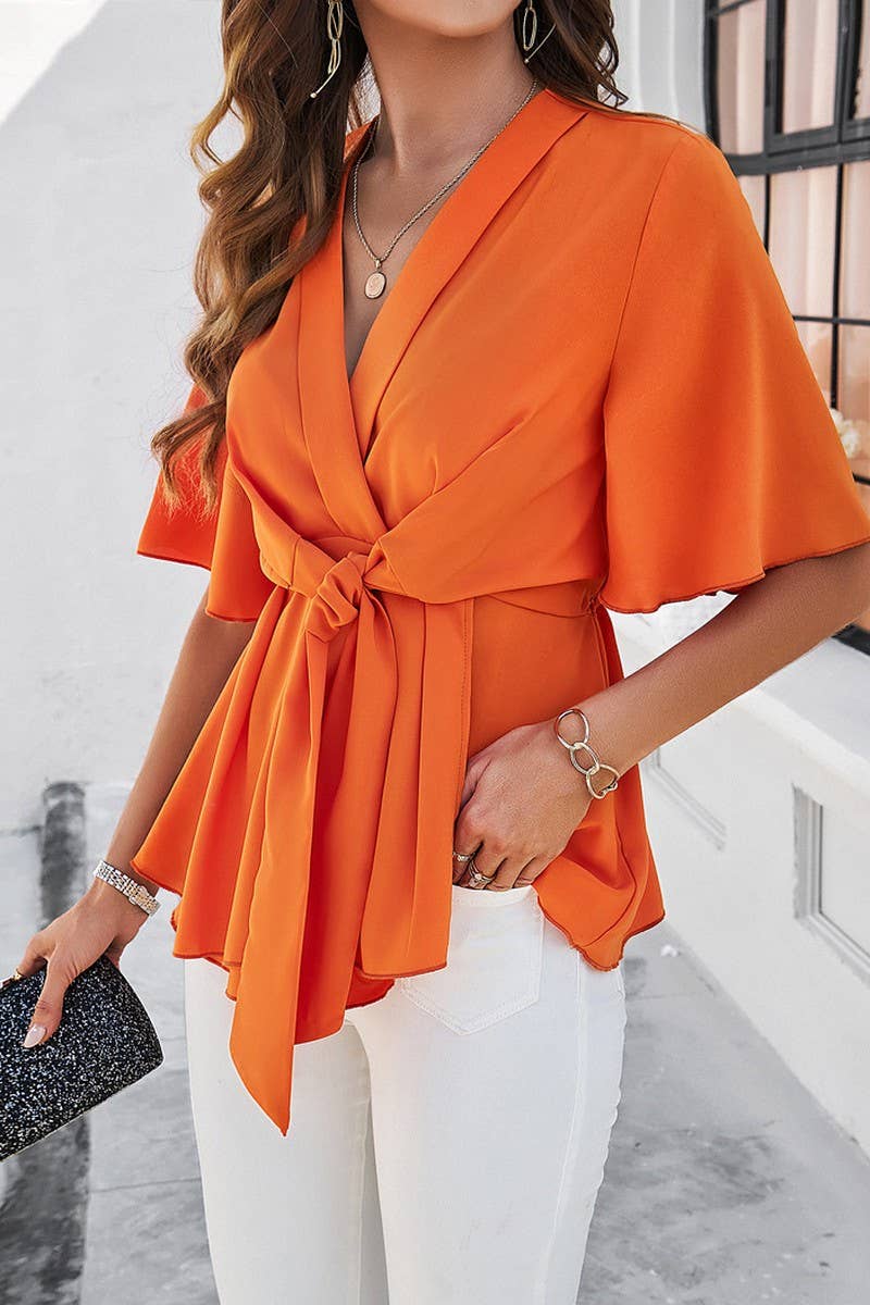 SOLID COLOR ELEGANT SHORT SLEEVED BELTED TOP_CWTSTS0323