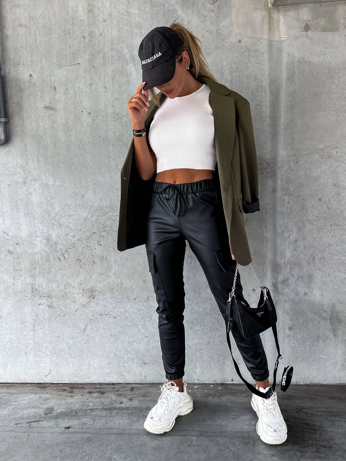 Waist-cinching street drawstring leather pants