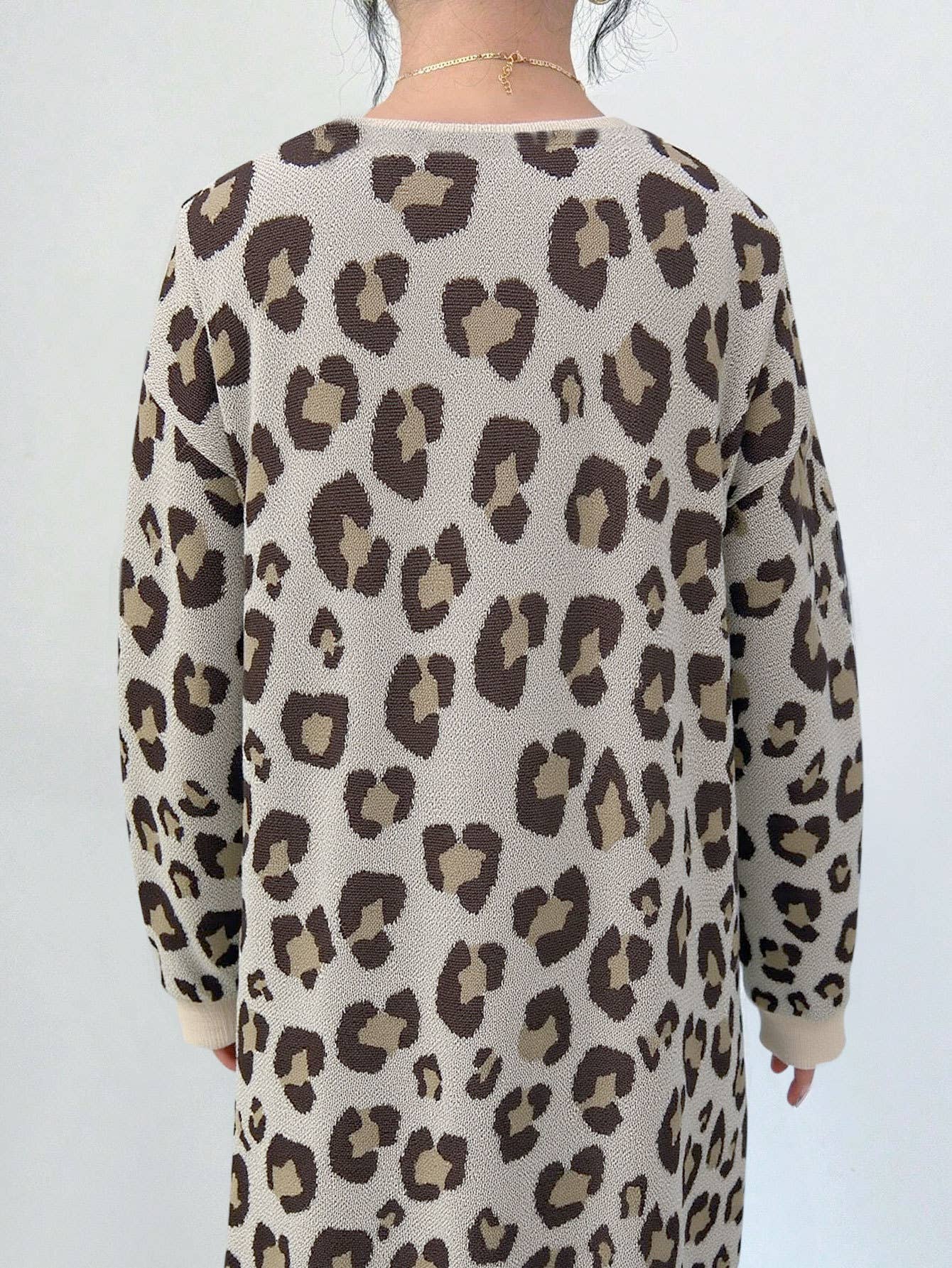 Leopard print jacquard long buttonless cardigan