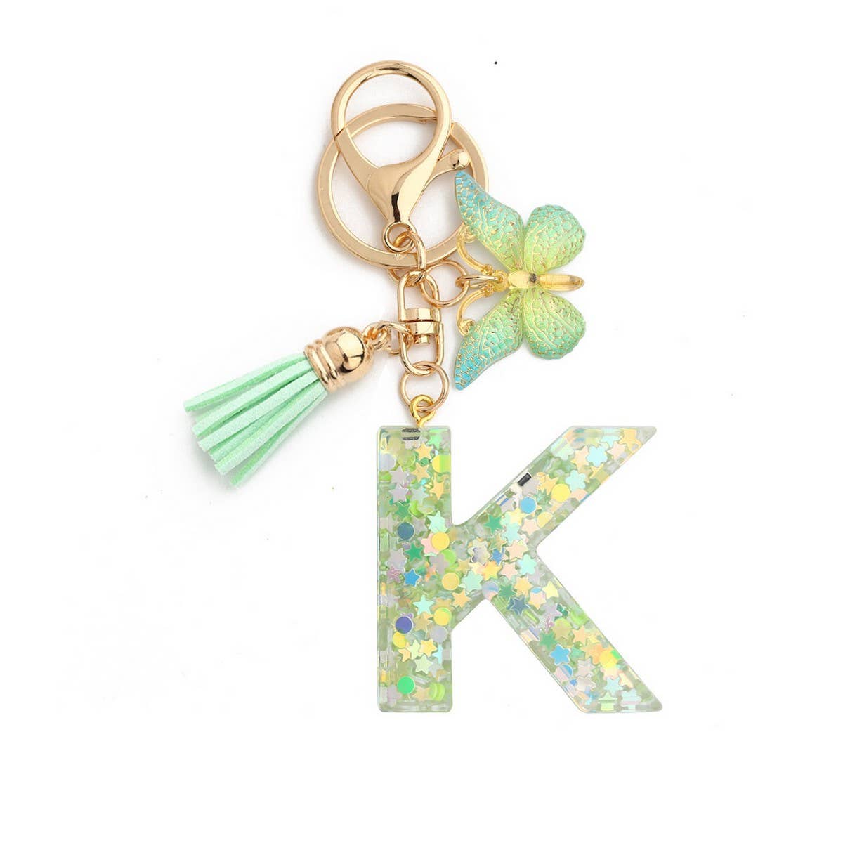 Green Butterfly Resin Letter Keychain with Glitter_CWAB5079