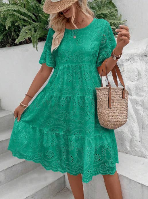 SOLID-COLOR COTTON EMBROIDERED LACE CUTOUT DRESS_CWDSD10724