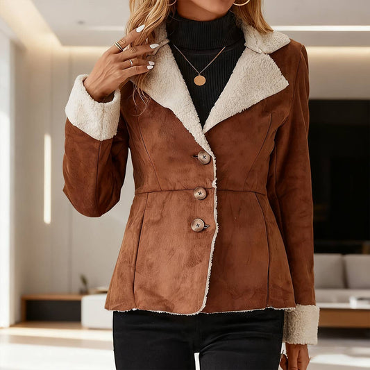 Warm fur one-piece lapel vintage suede jacket