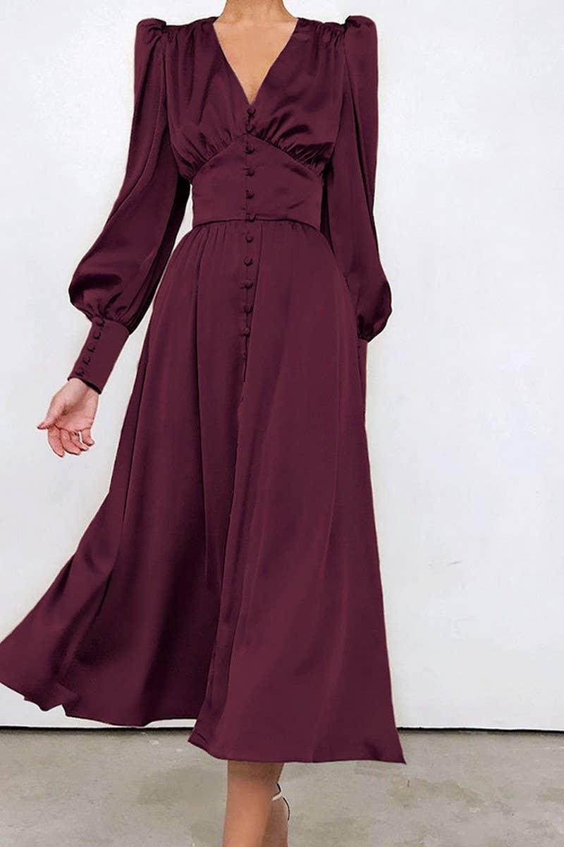 CWDMD4255_V-NECK SATIN PALACE RETRO LONG SLEEVE DRESS
