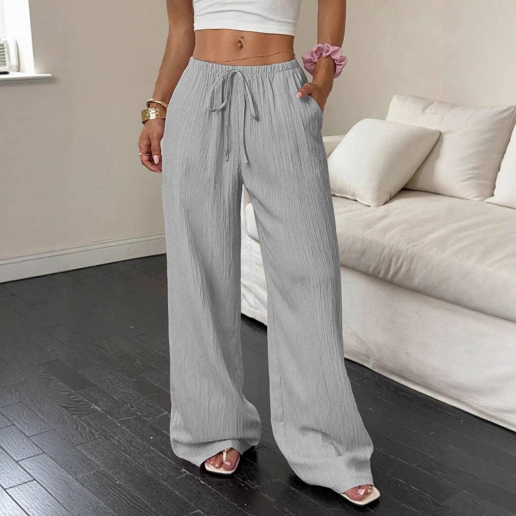 Solid-color textured drawstring wide-leg pants