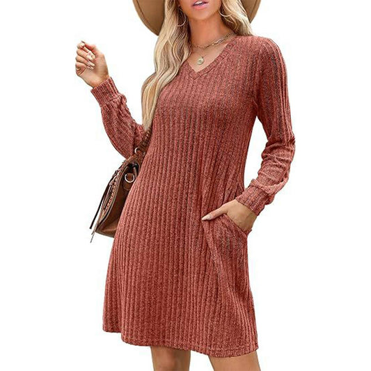 V-NECK POCKET FROSTED LONG-SLEEVED CASUAL DRESS