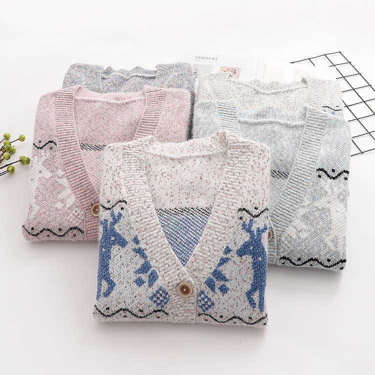 SINGLE BREASTED CHRISTMAS DEER JACQUARD CARDIGAN