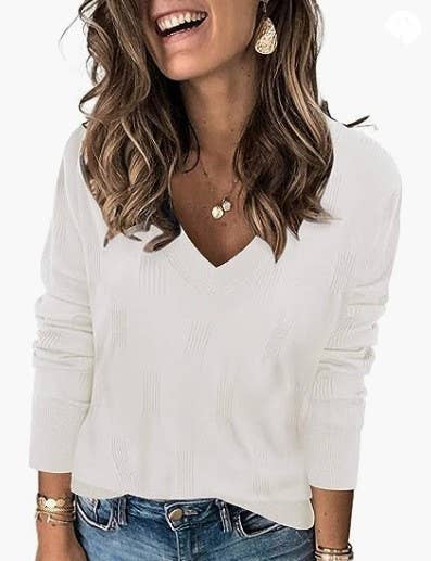 SOLID COLOR RIB V-NECK LONG SLEEVE SWEATER