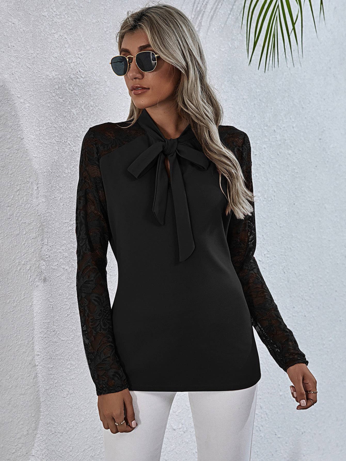 Solid-color lace patchwork long-sleeved shirt