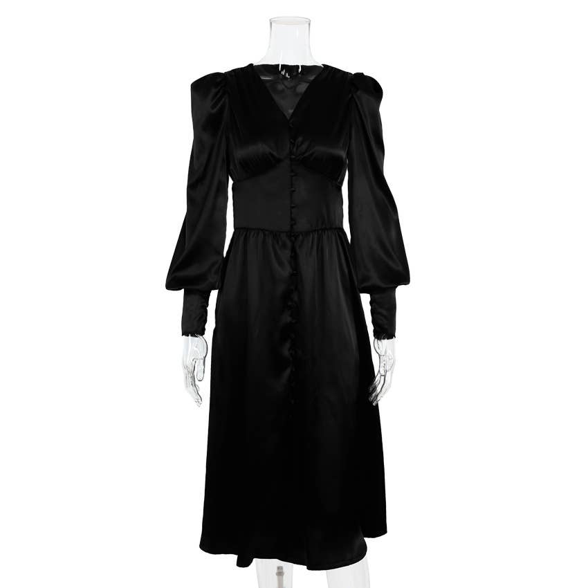 CWDMD4167_VINTAGE SATIN COURT DRESS WITH WAIST AND V-NECK