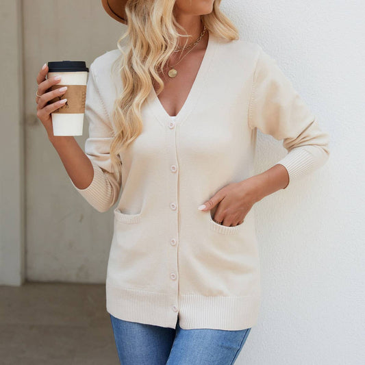 V-NECK SOLID COLOR SINGLE BREASTED SWEATER