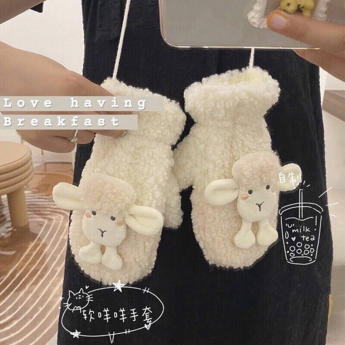 CARTOON LAMB WOOL WINTER WARM HALTER GLOVES_CWAG0185
