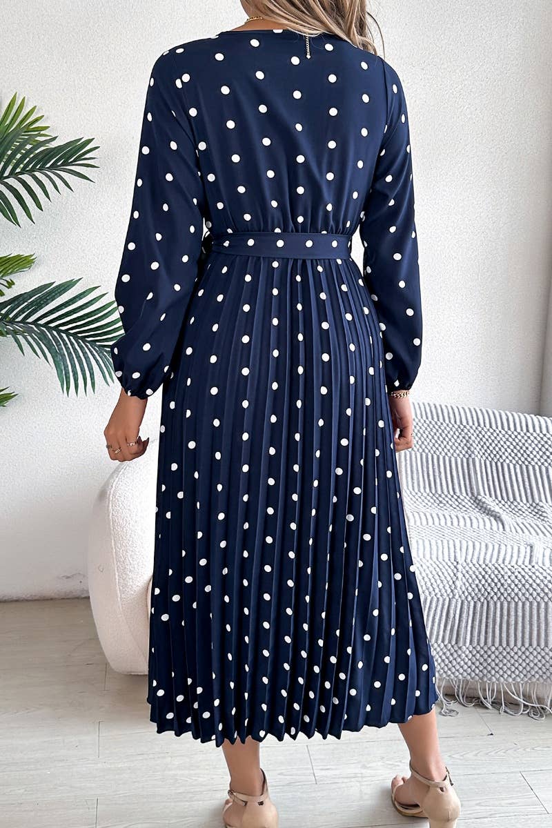 CWDMD3444_POLKA DOT CROSS V-NECK PLEATED DRESS LONG