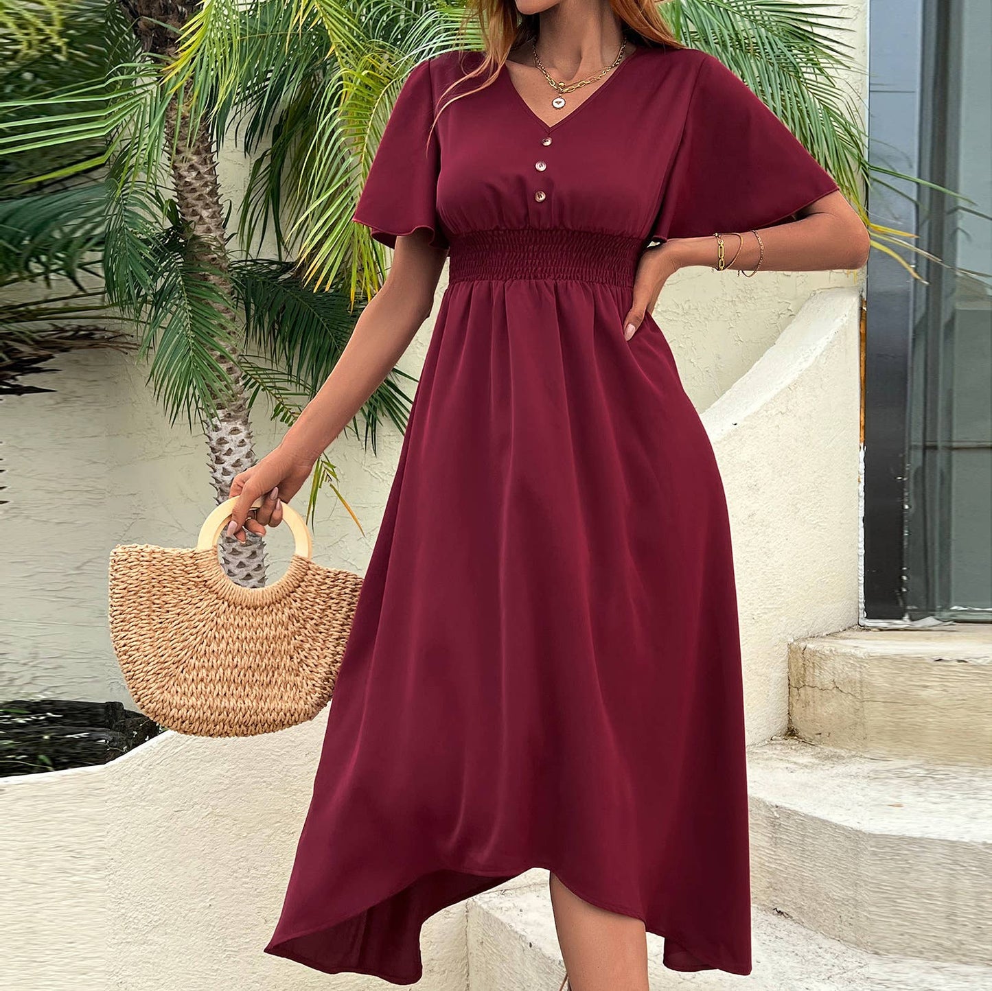 WAISTLINE TEMPERAMENT V-NECK DRESS