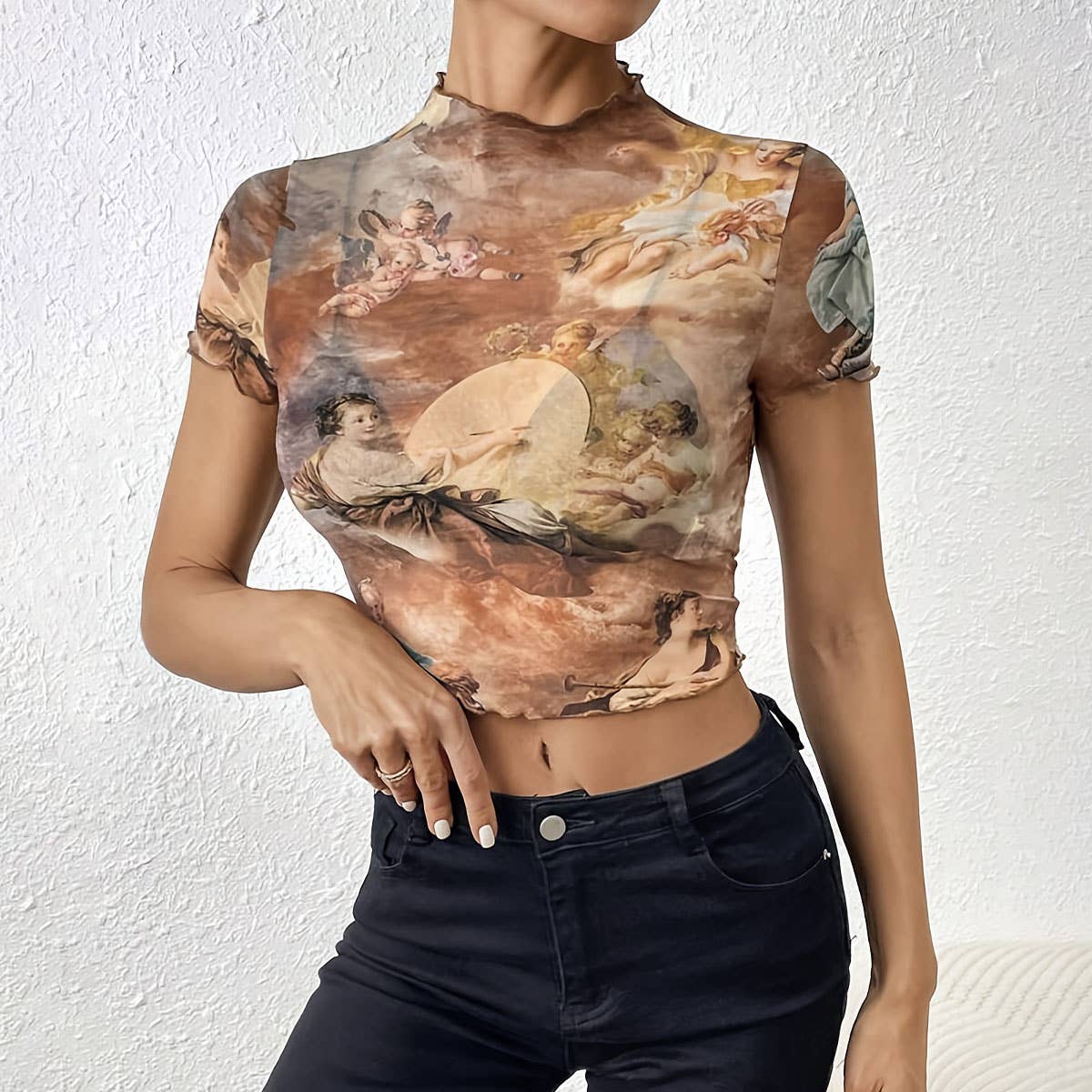 FLORAL PRINT MESH TOP WITH RUFFLE DETAILING