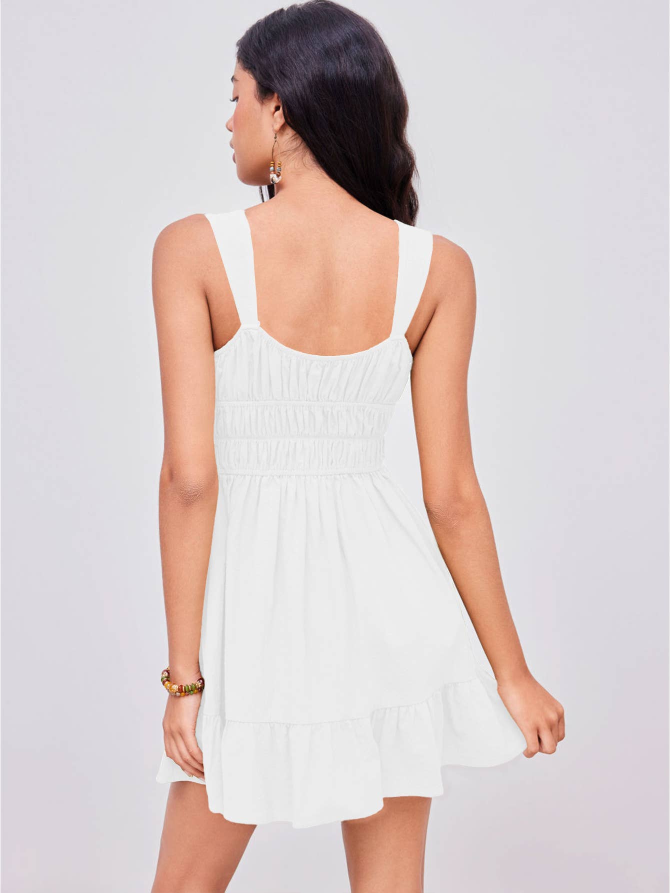 Square-neck pleated cinched waist dress