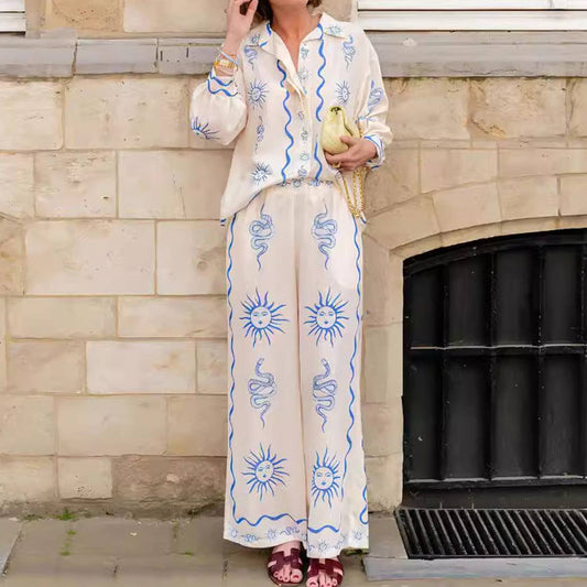 PRINTED LINEN SHIRT TROUSERS TWO-PIECE SET