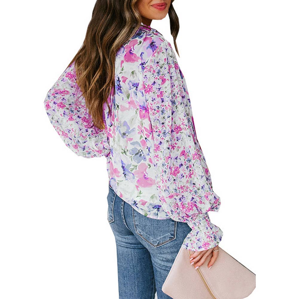 Lace-up printed lantern sleeve blouse for ladies