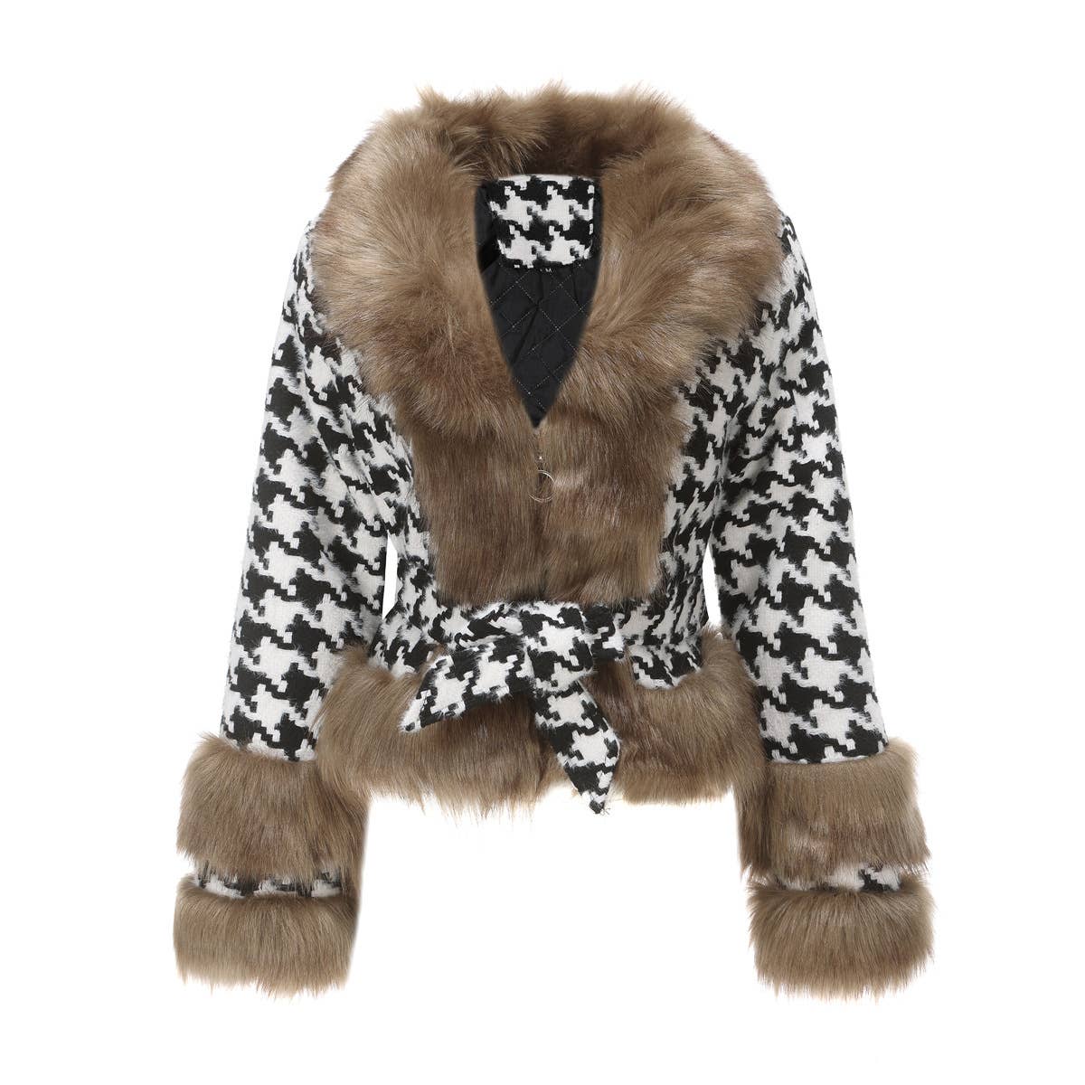 STYLISH PLAID COAT WITH FUR COLLAR